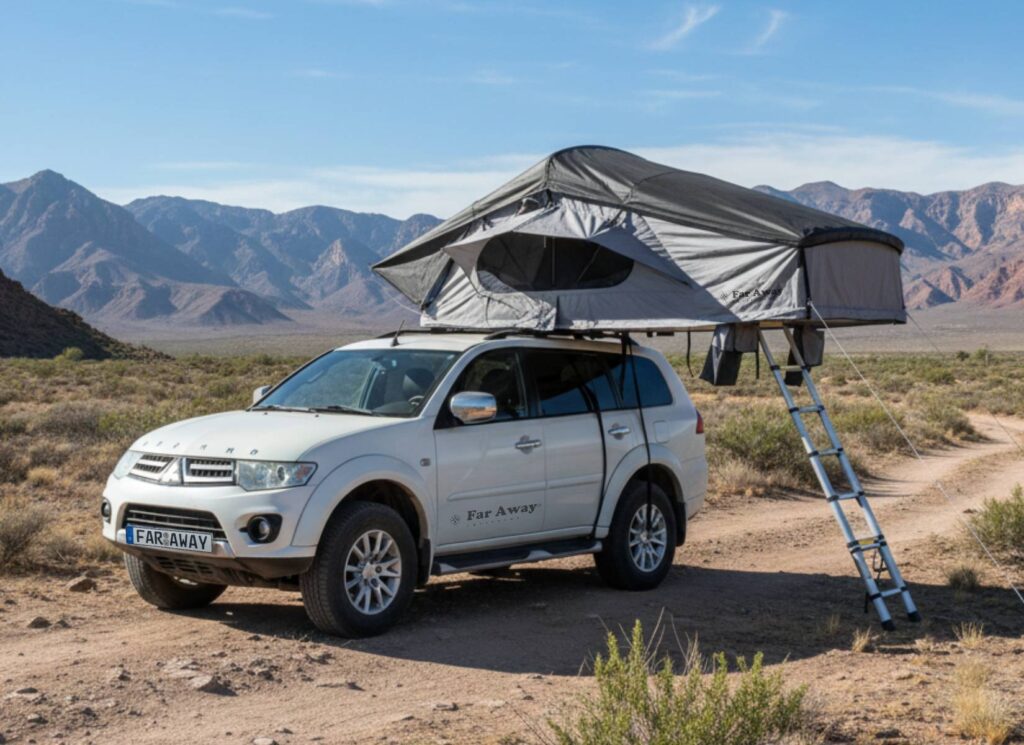 Namiot dachowy mont blanc zamontowany na samochodzie w scenerii overlanding