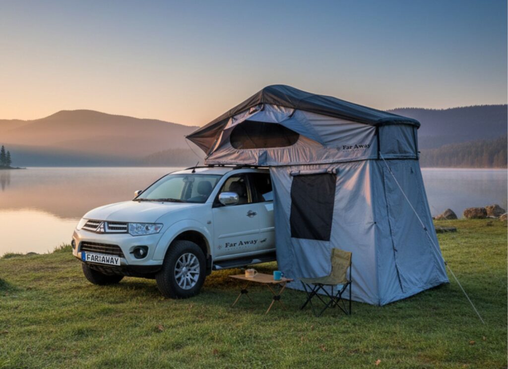 Namiot dachowy mont blanc z przedsionkiem rozłożony na samochodzie w nad jeziorem