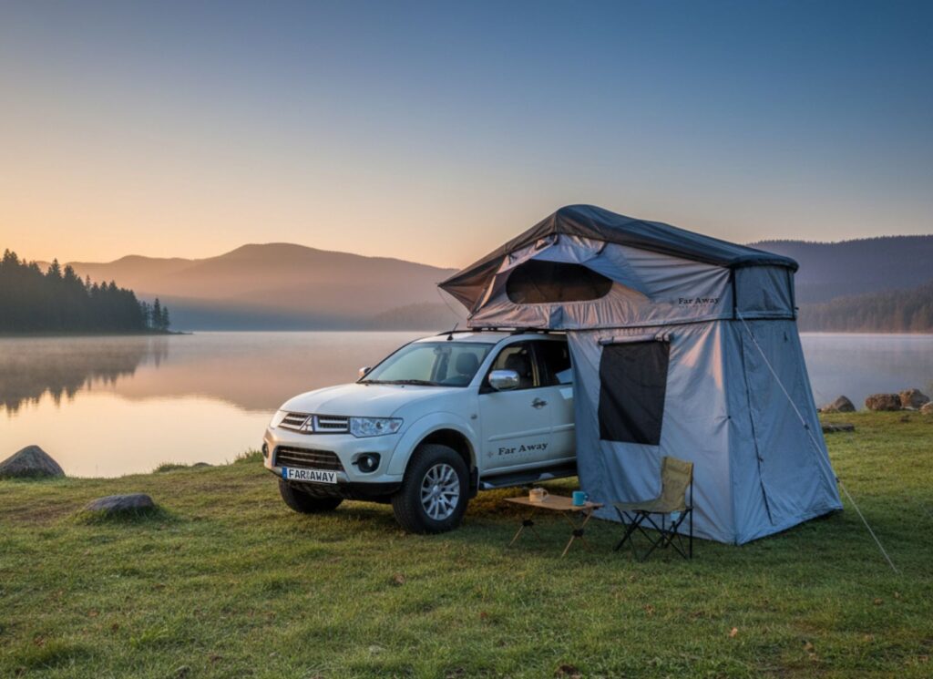 Namiot dachowy mont blanc z przedsionkiem rozłożony na samochodzie w nad jeziorem