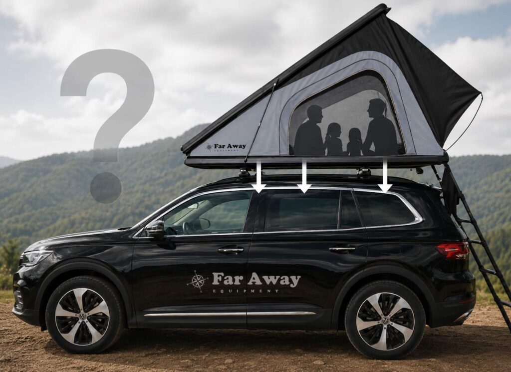Namiot dachowy Far Away Equipment zamontowany na samochodzie SUV – ilustracja artykułu o nośności dachu pod namiot dachowy
